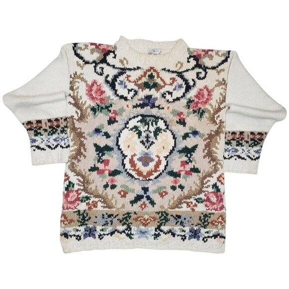 Casual Corner Tops - Vintage Embroidered Floral Knit Sweater Womens Size M Cottagecore Grannycore